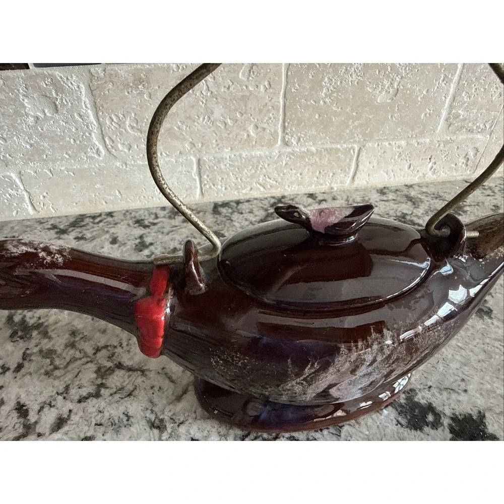 Vintage 1950's Redware Bird  Shaped Teapot with Metal Spirl Handle 10in Long